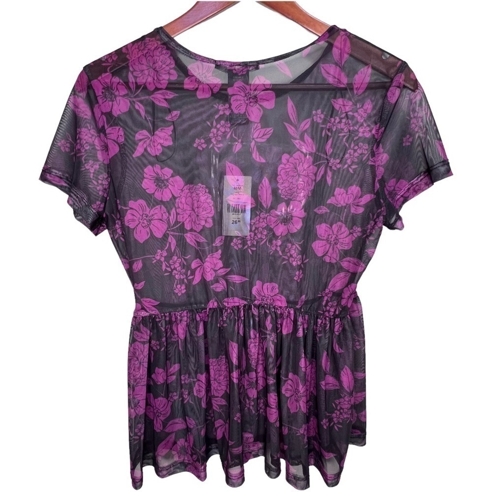 Suzy Shier Black & Pink Sheer Floral Peplum Top Size Medium NWT Feminine